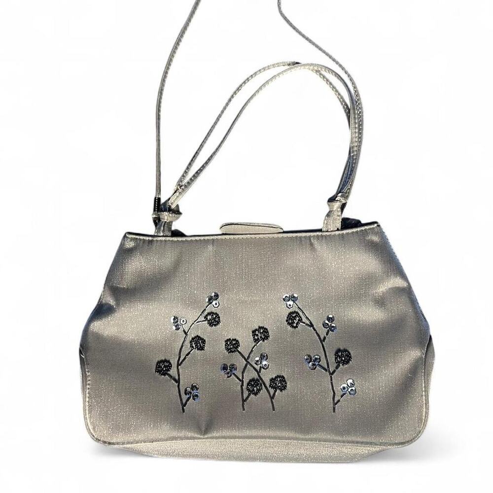 Silver metallic handbag with floral
